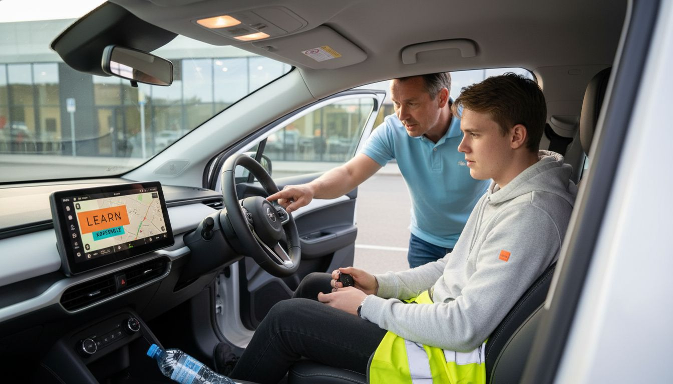 En elev og en kørelærer står ved en elbil på en parkeringsplads og gør klar til køretimen.