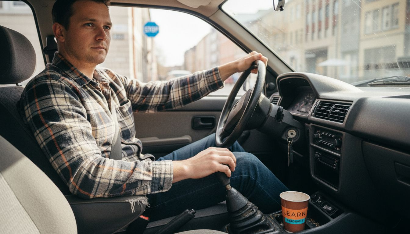 En bilist hviler hånden på gearstangen under kørslen.
