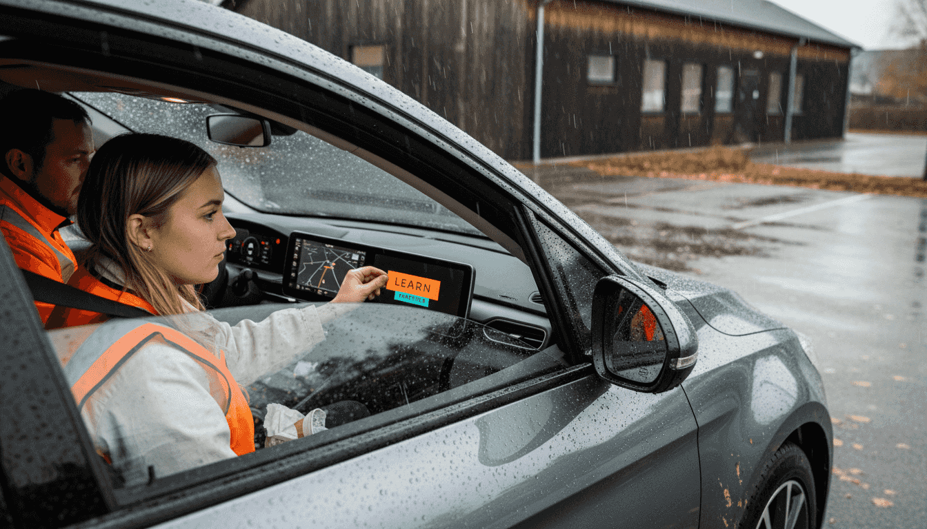 Ung køreelev sidder klar i en elbil foran køreskolen