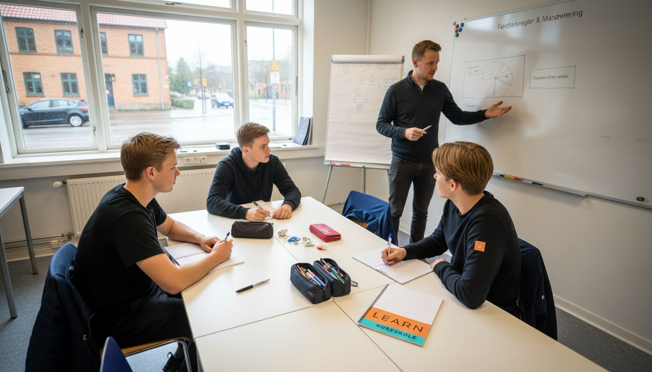 En kørelærer gennemgår teoriundervisning med unge elever i klasseværelset.