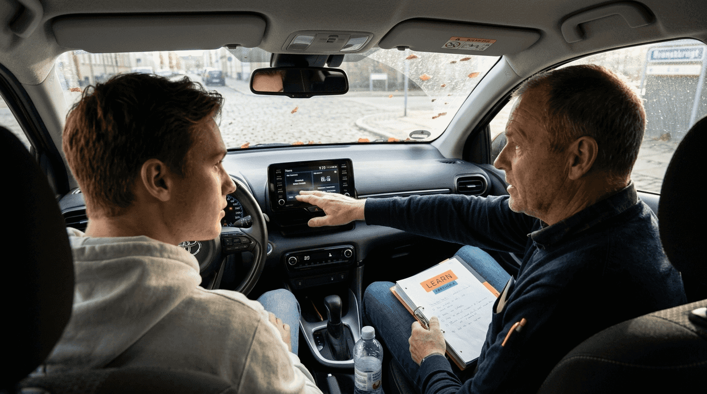 En ung mand får teoriundervisning til kørekortet i bilen.