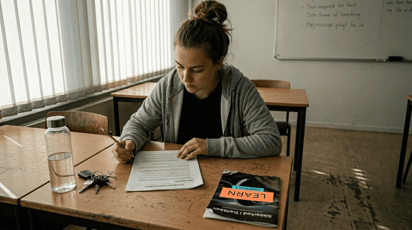 Eleven sidder i klasseværelset og gennemgår teorien til kørekortet.
