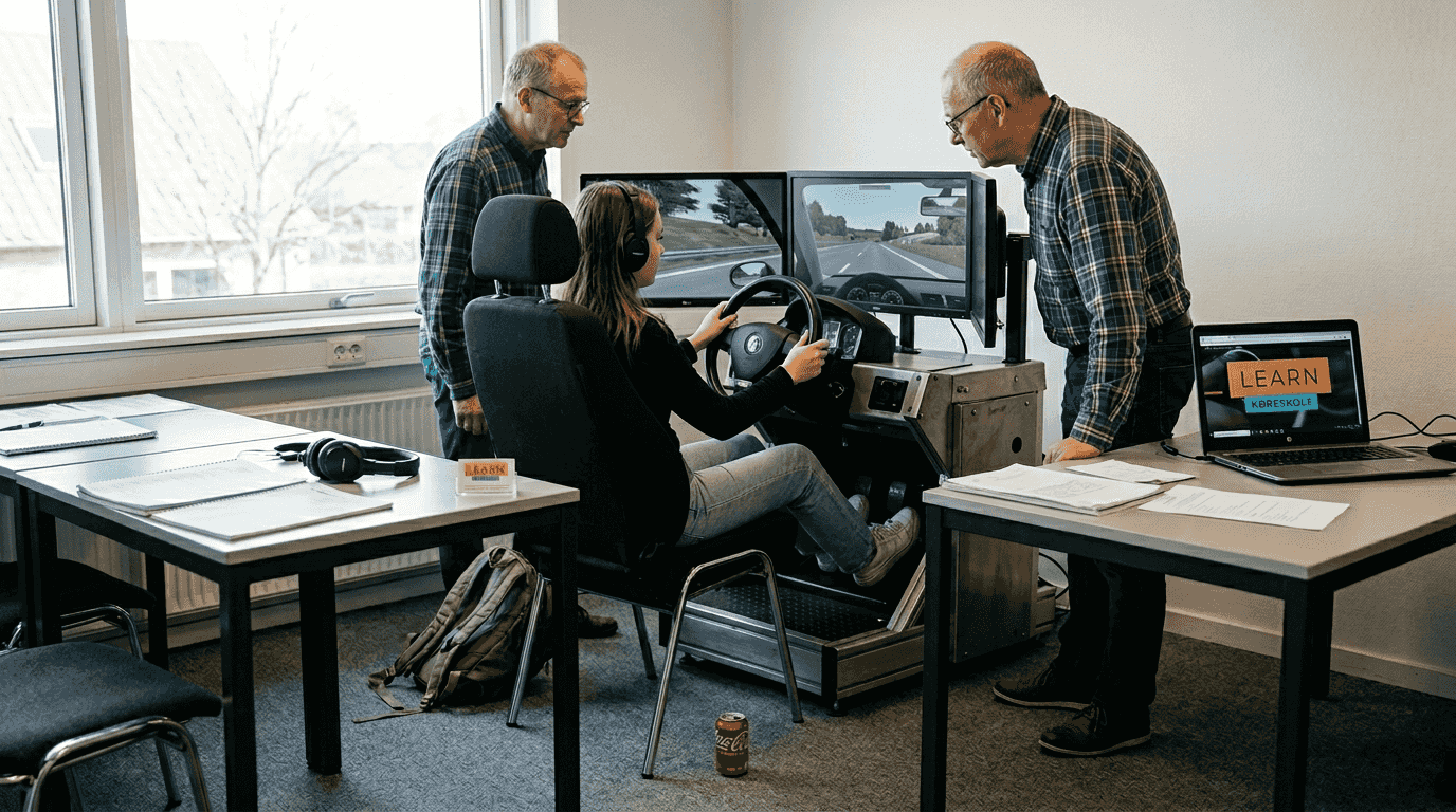 En ung kursist øver sig bag rattet i en moderne køresimulator sammen med sin kørelærer.