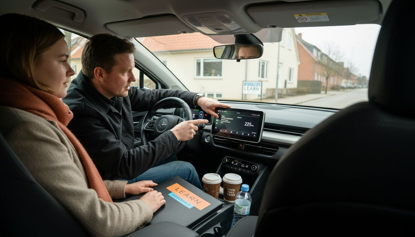 Undervisning i elbil med digital tavle og to elever til stede