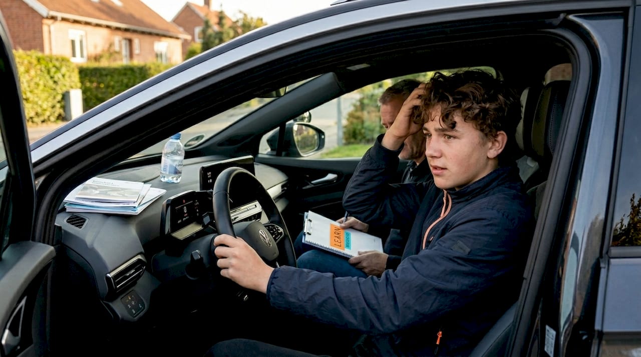 En ung kursist forbereder sig til teoriundervisning i en elbil