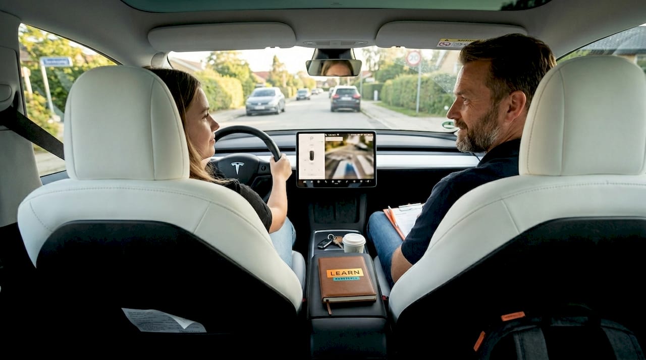 En køreelev er ude at træne elbil sammen med sin kørelærer.