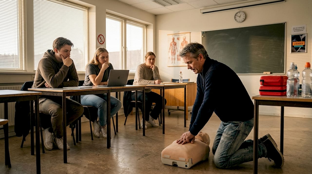 Instruktøren viser, hvordan man udfører hjertemassage, foran holdet i klasseværelset.