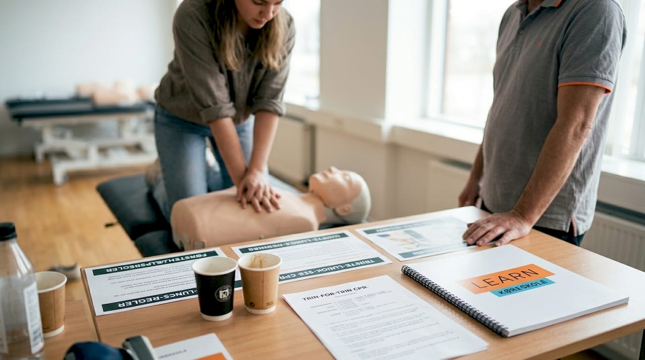 En studerende øver sig i genoplivning på træningsdukken i øvelokalet.