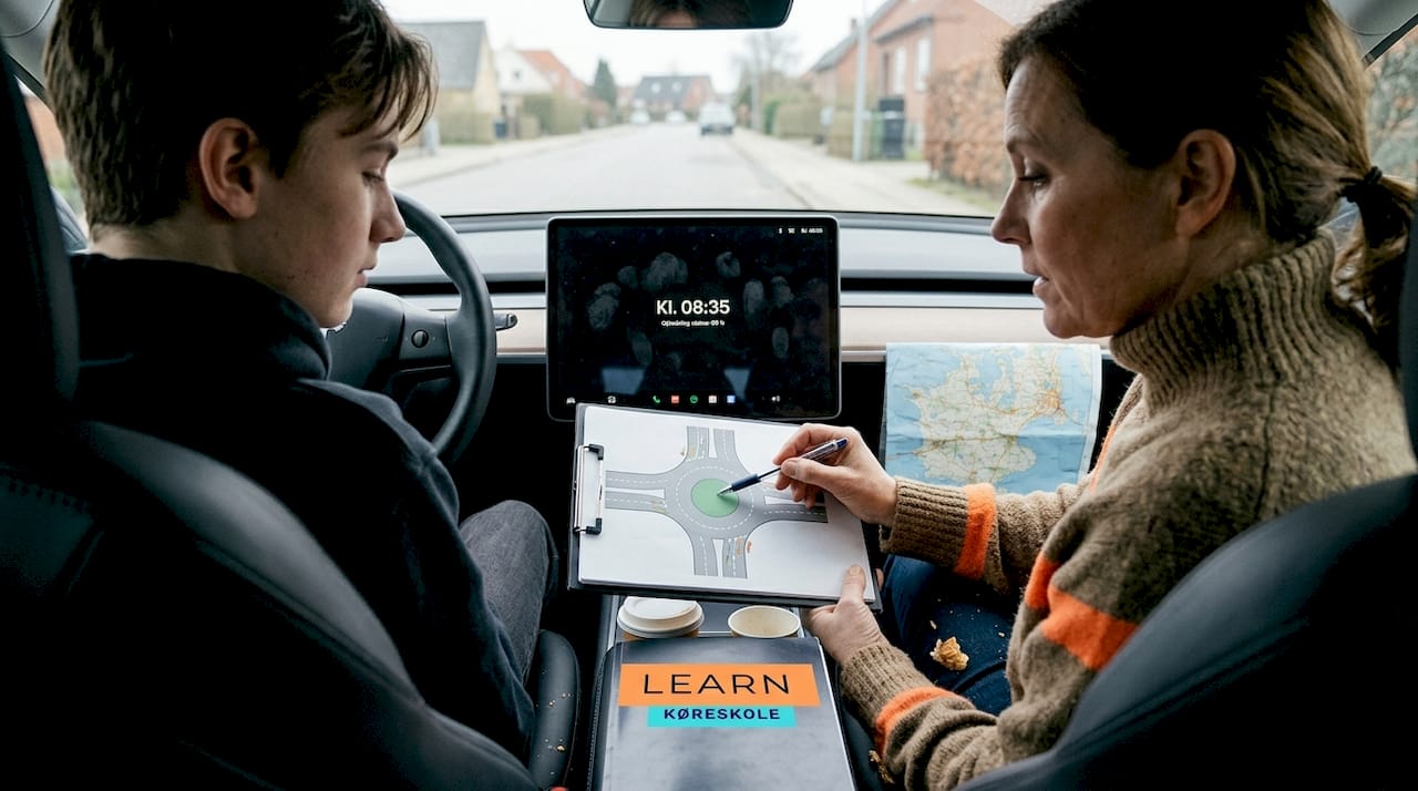 Kørelærer og ung gennemgår noter om elbiler