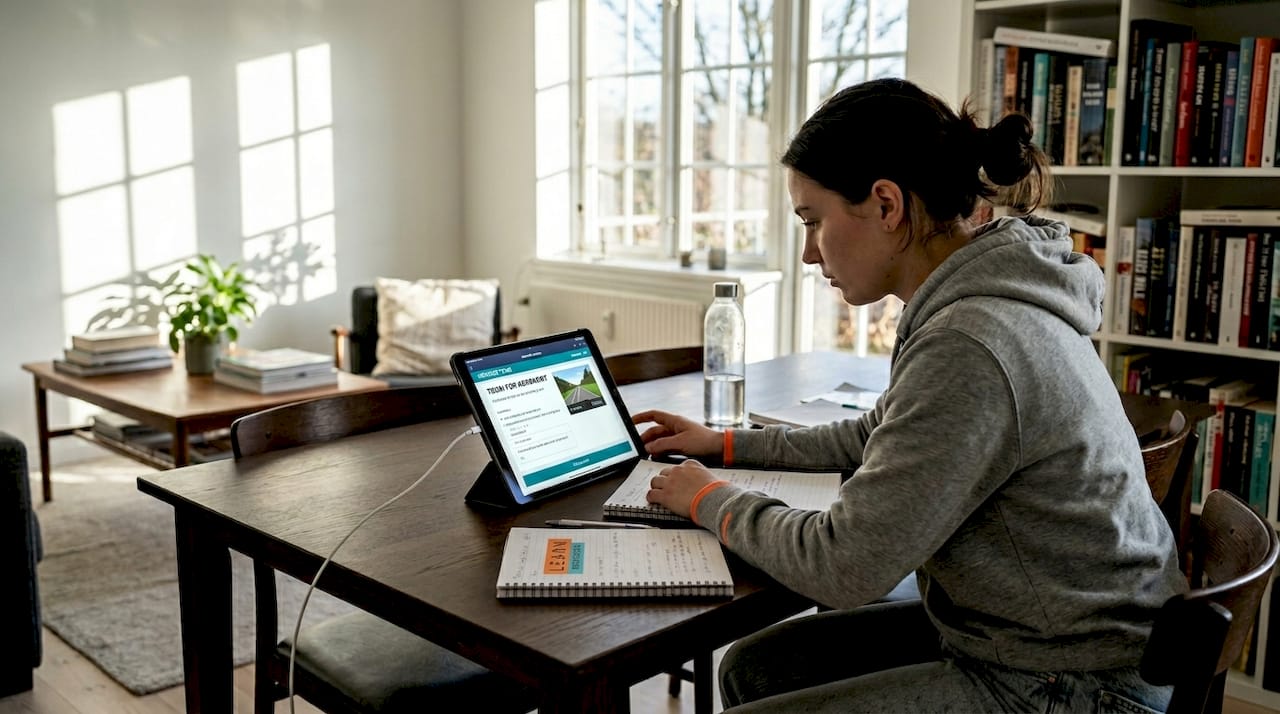 En ung voksen sidder derhjemme og øver sig til teoriprøven til kørekortet.