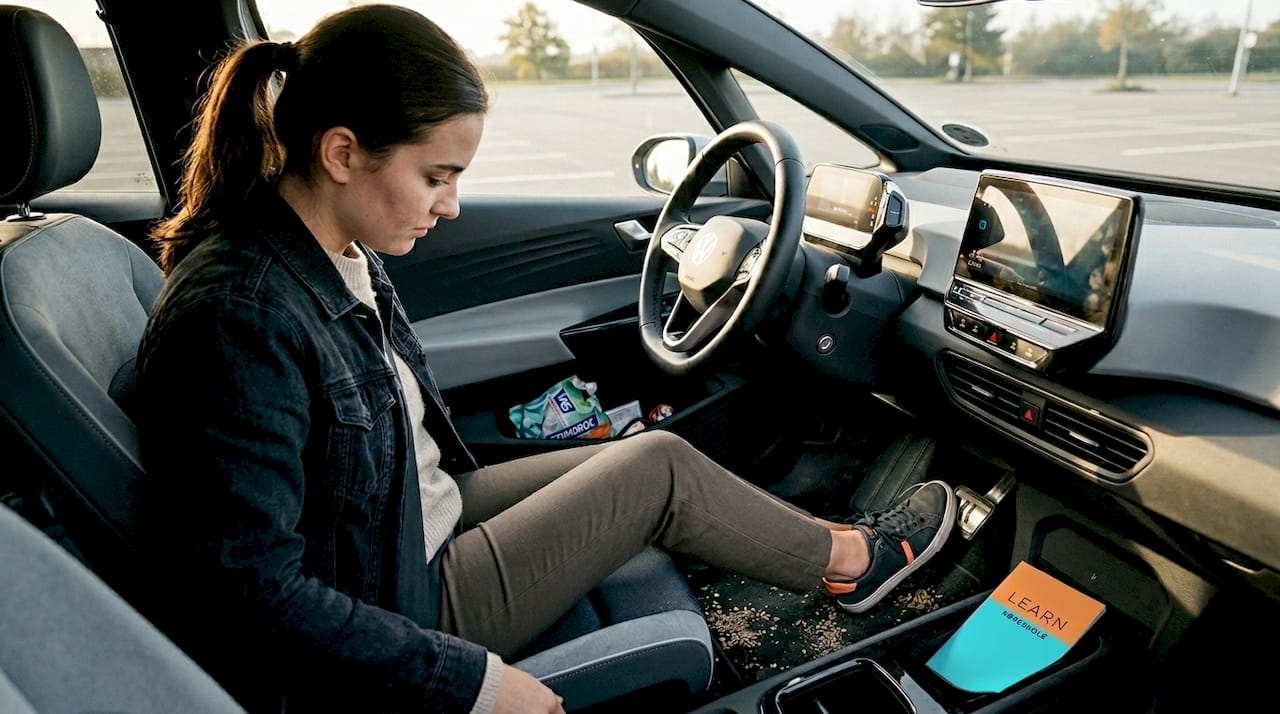 Unge kvinde træner i at håndtere speeder og bremse i sin elbil