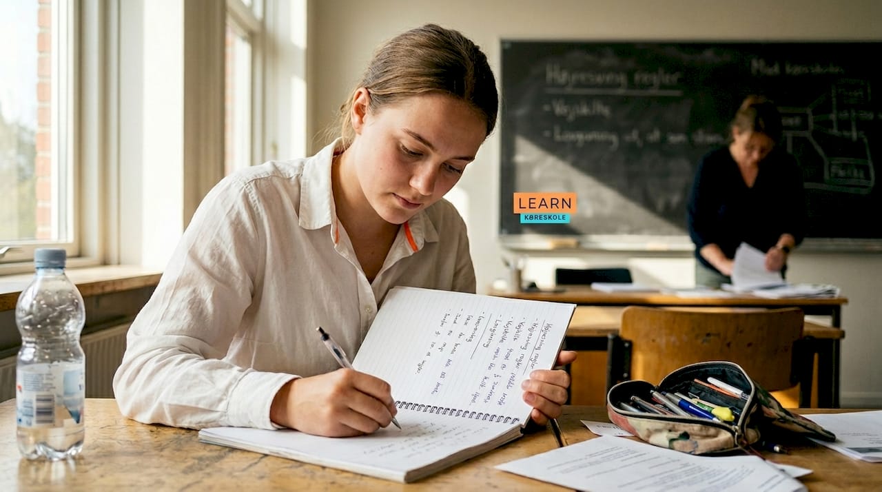 En køreelev sidder og skriver noter under teoritimen.