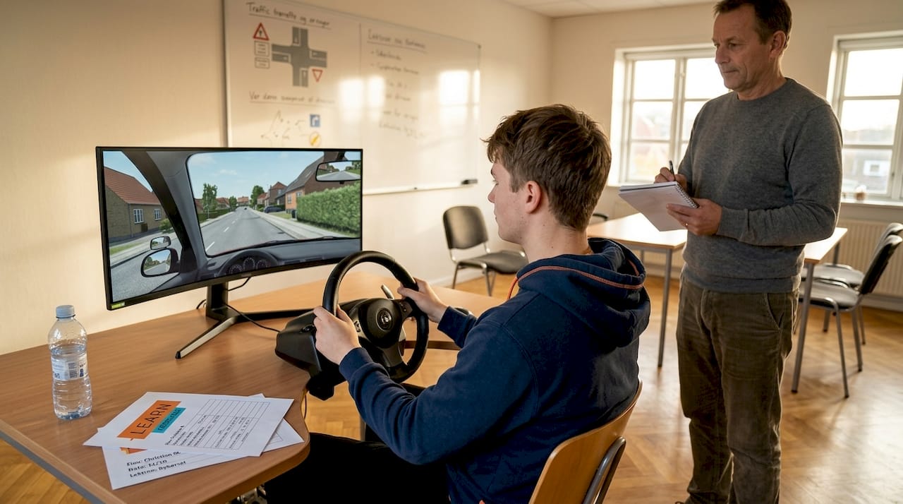En elev øver sig i køresimulatoren sammen med en kørelærer.