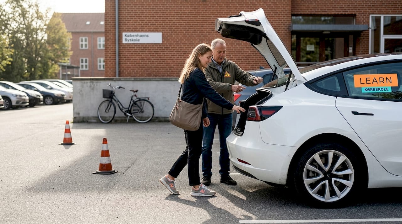En køreelev øver sig i at køre elbil sammen med sin kørelærer ude på parkeringspladsen.