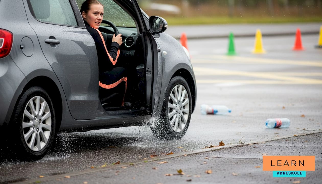 Kvinde øver katastrofeopbremsning på en våd køreteknisk bane