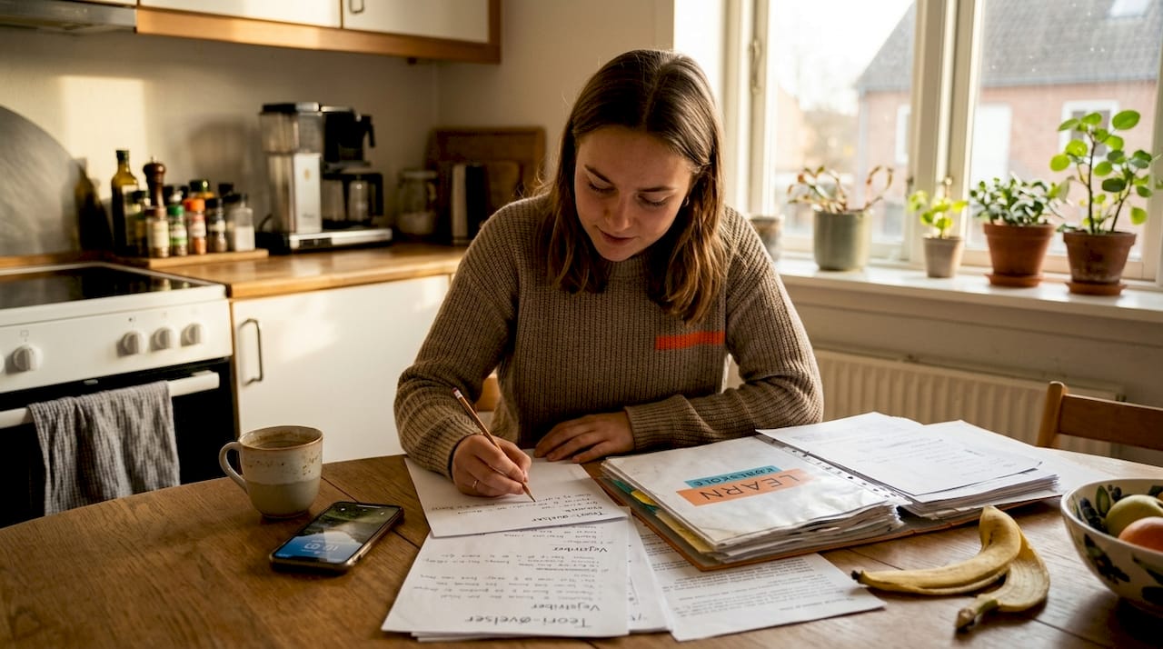Kvinde sidder ved køkkenbordet og læser op til sin køreprøve
