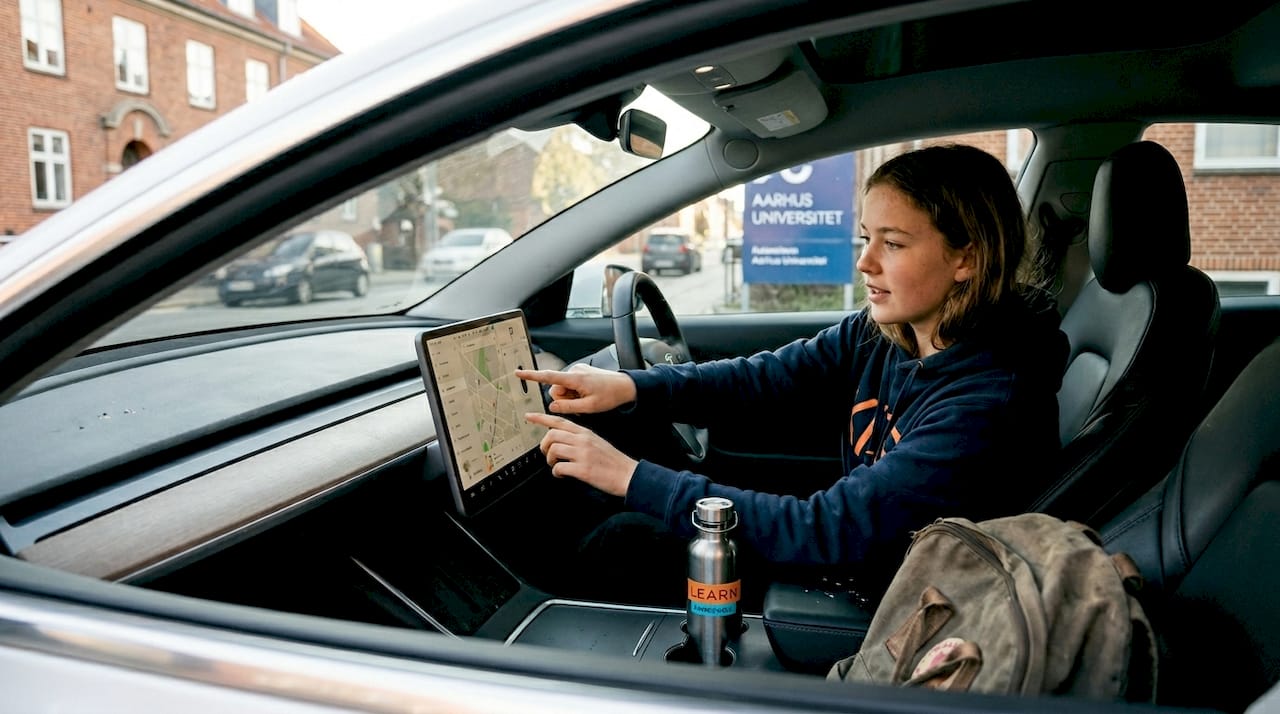 En ung studerende sidder og justerer indstillingerne i en elbil.