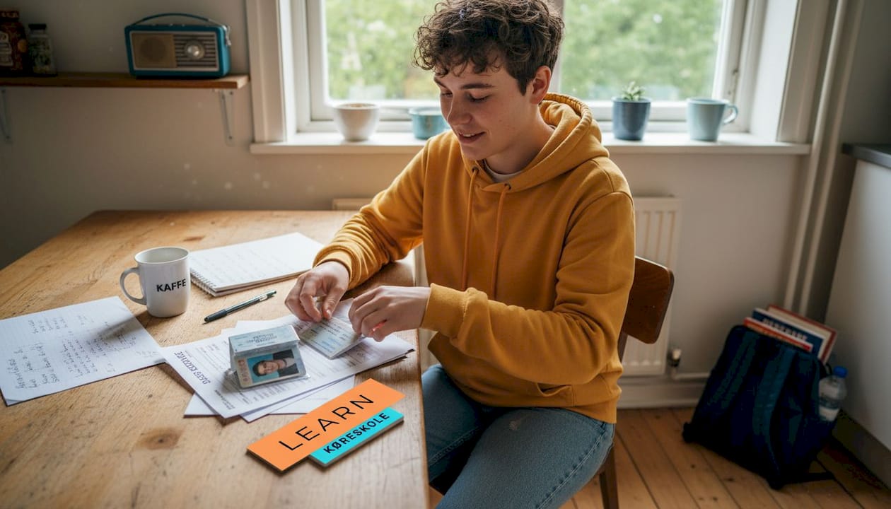 En ung person sidder og sorterer sine papirer, inden de skal til køretimer.