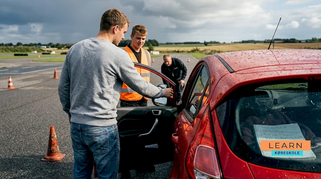 En køreelev retter spejlene til under køretræning på banen.