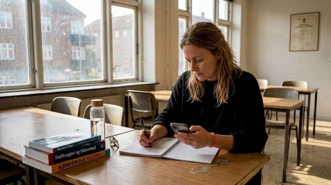 En elev sidder for sig selv og læser i teorilokalet på køreskolen.