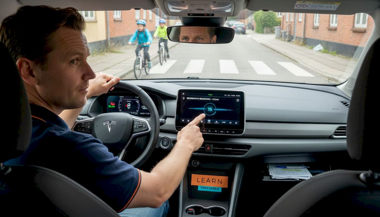 Kørelæreren viser, hvordan man bremser i en elbil i Aarhus