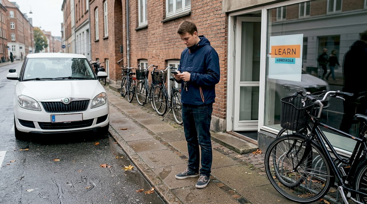 En ung studerende står og venter udenfor en køreskole i Aarhus.