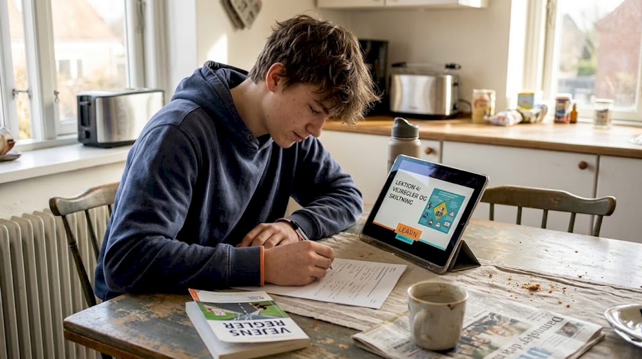 Ung sidder hjemme ved køkkenbordet og følger teoritimer online