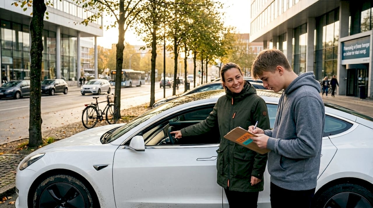 En kørelærer giver instruktioner til en ny elev under kørsel i en elbil.