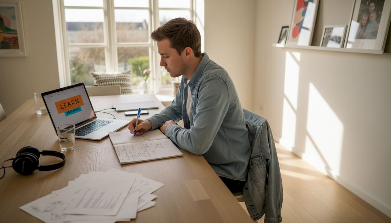 En ung fyr sidder derhjemme og læser op til teoriprøven