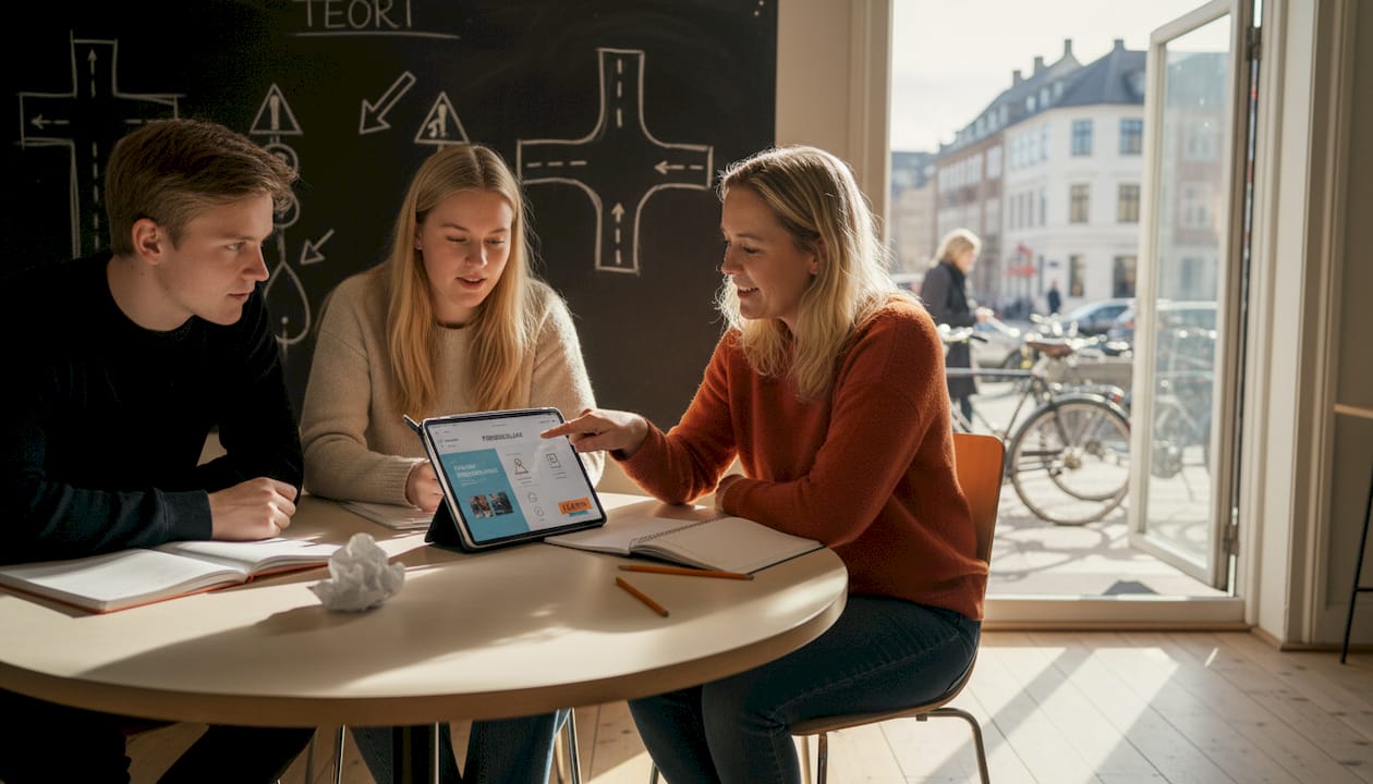 Kørelæreren bruger en digital app til at guide sine elever gennem undervisningen.