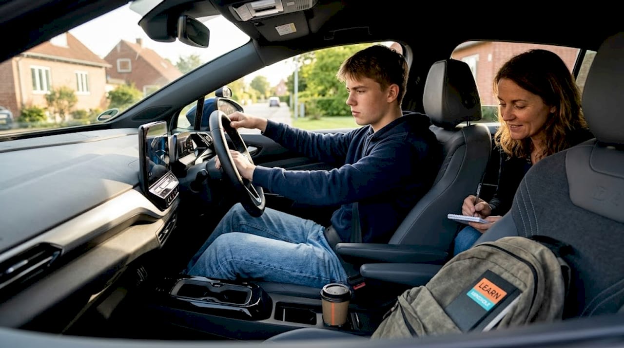 En ung elev får undervisning i at køre elbil sammen med sin kørelærer.