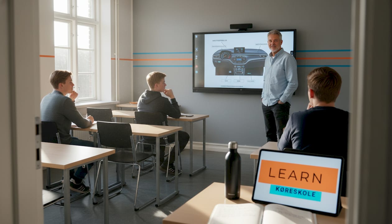 Kørelæreren gennemgår teori om elbiler med holdet