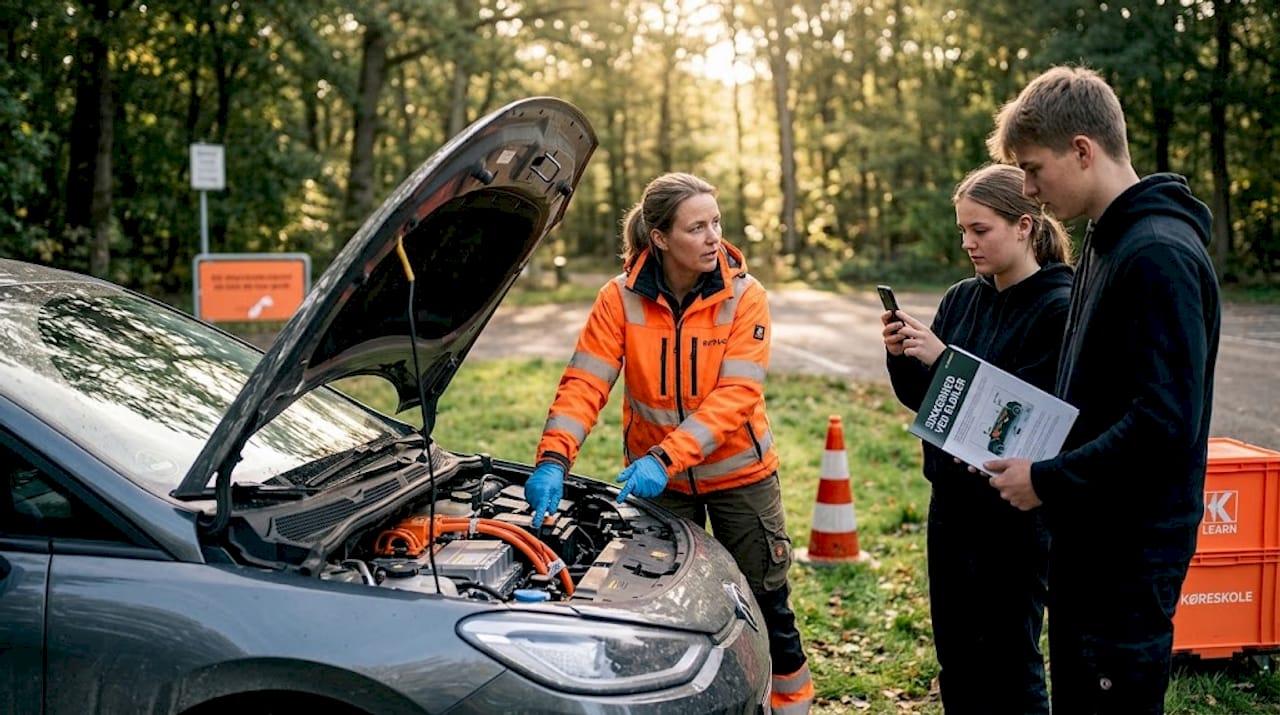 Underviser gennemgår de grundlæggende sikkerhedsregler ved elbiler