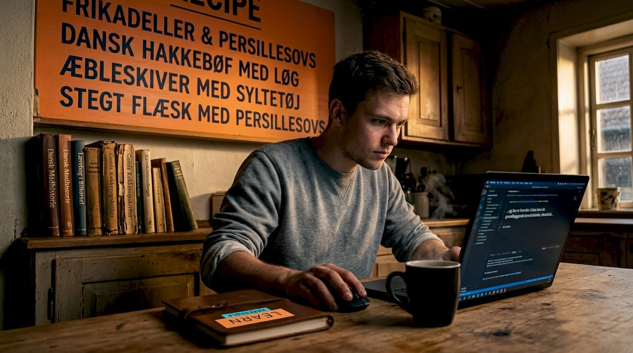 Mand øver sig på teoriprøven hjemme ved køkkenbordet