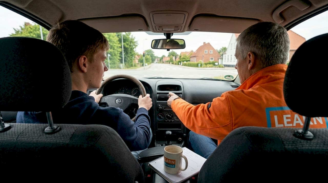 Kørelæreren guider eleven gennem trafik i byen