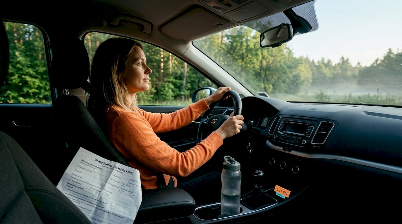En kvinde sidder i sin bil på en rasteplads og kigger ud over motorvejen.