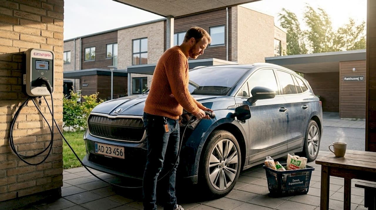 En mand står og lader sin elbil op i carporten derhjemme