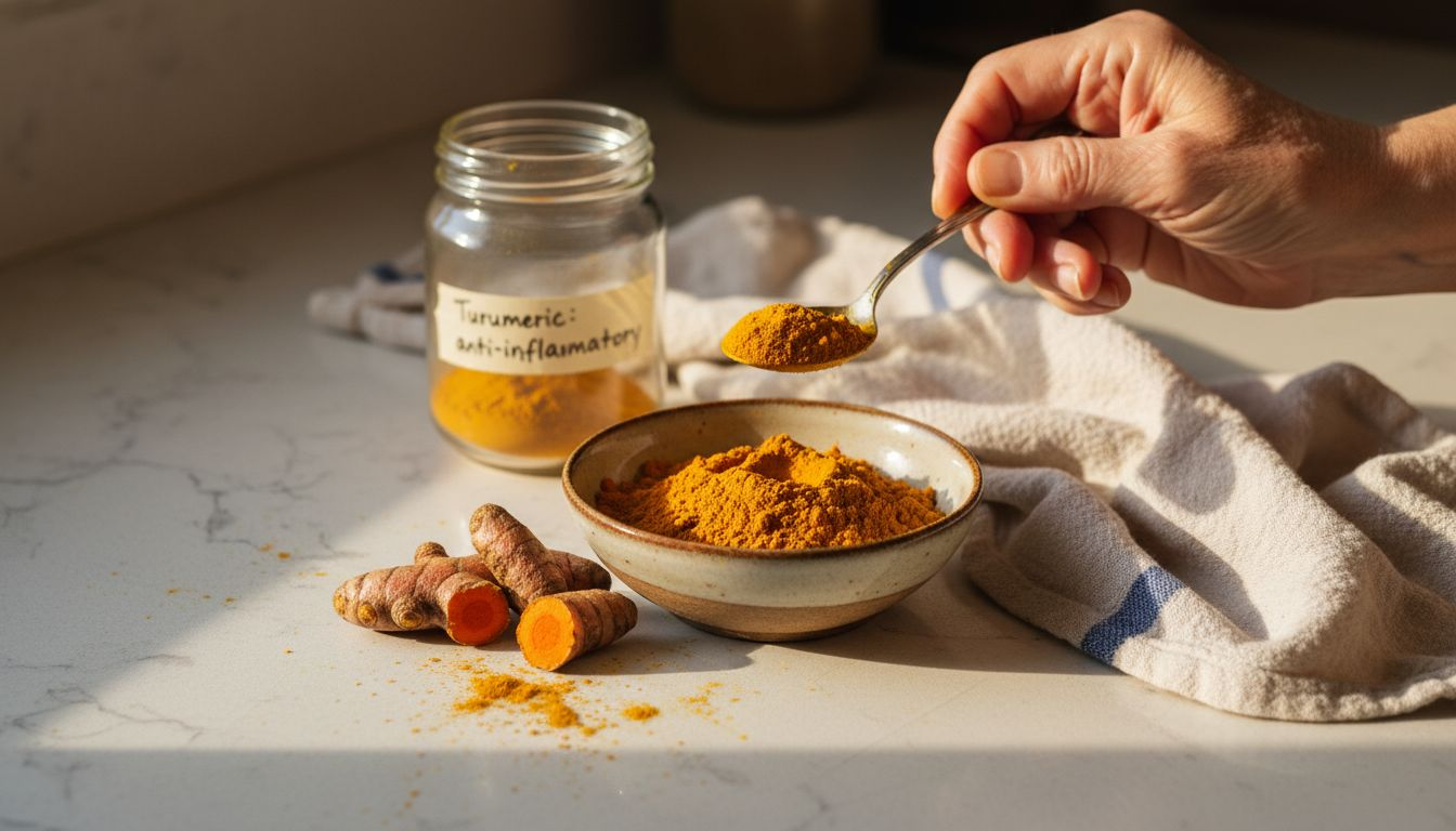 Turmeric powder and roots in home kitchen