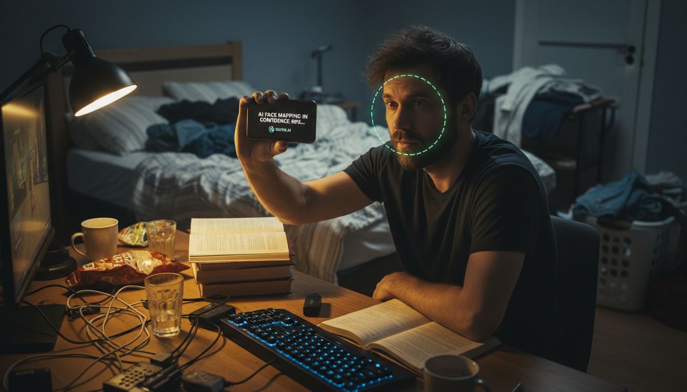 Man using phone AI for skin tone analysis