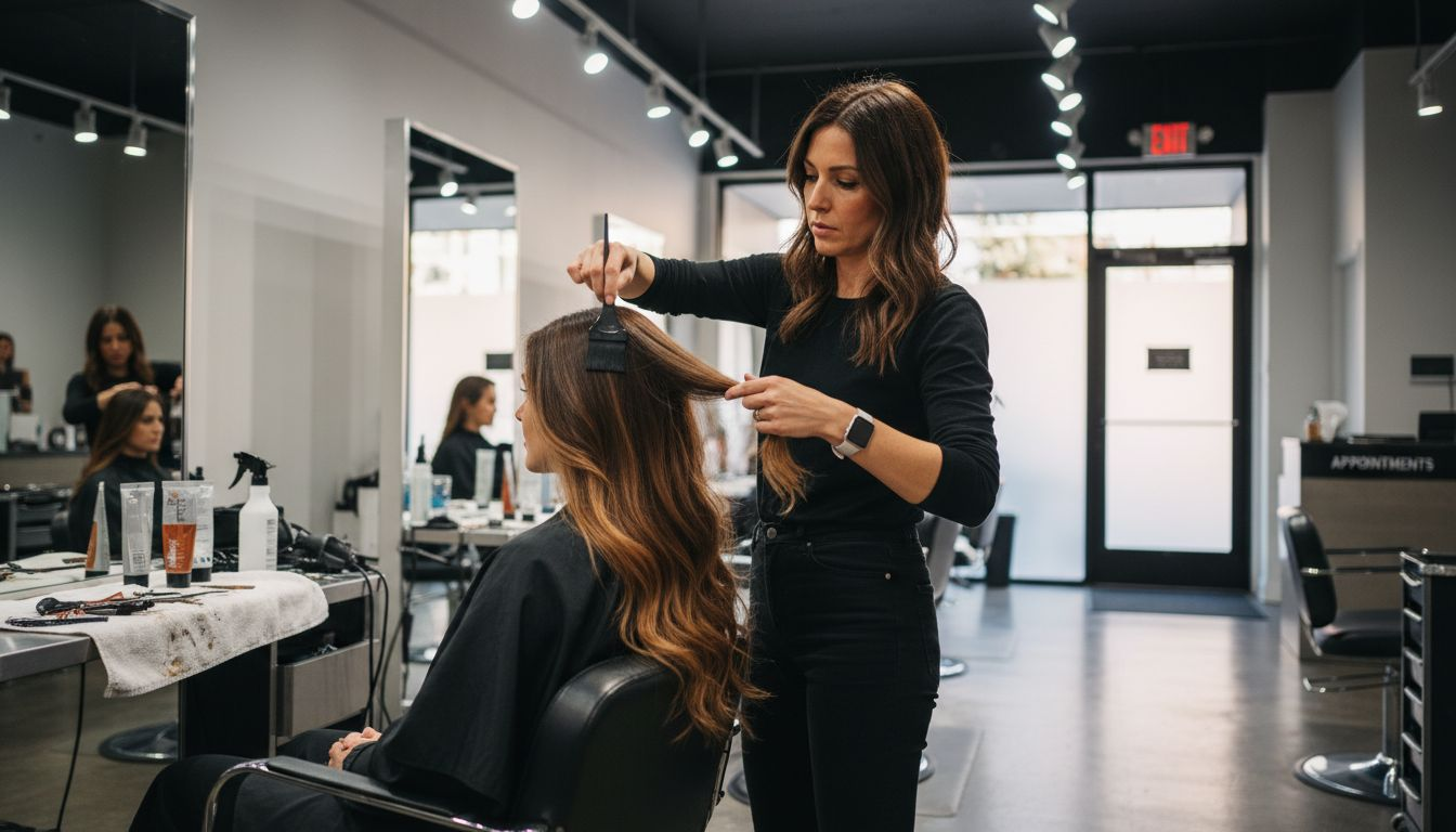 Stylist blending rich brunette hair highlights