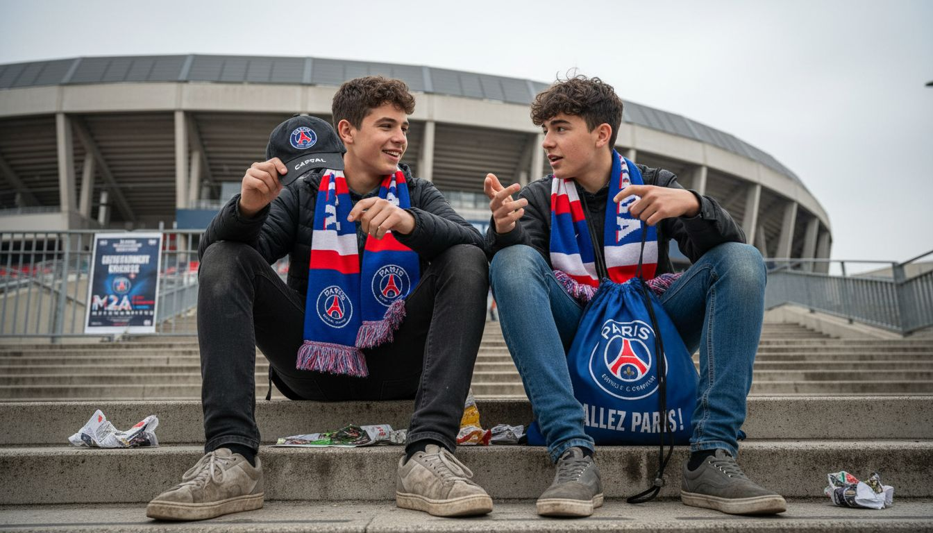 Des supporters échangent autour des produits dérivés du club.