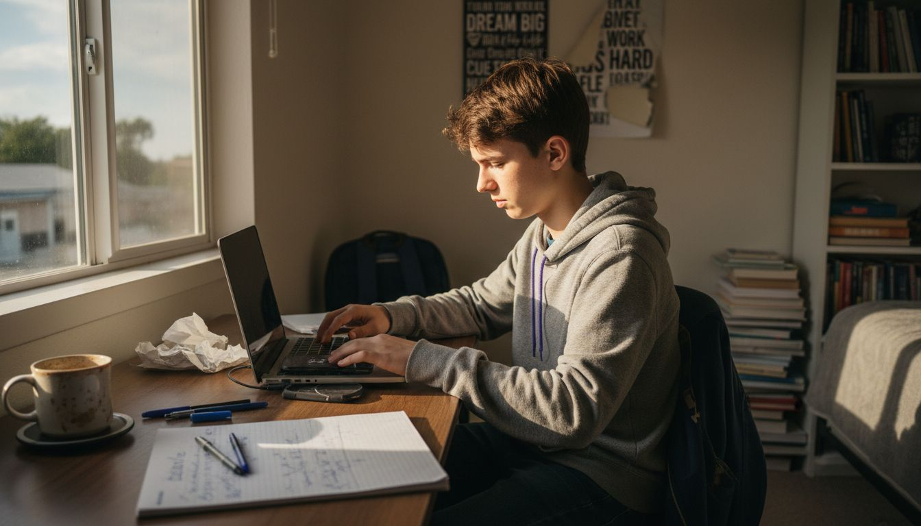 Student removing distractions from study area