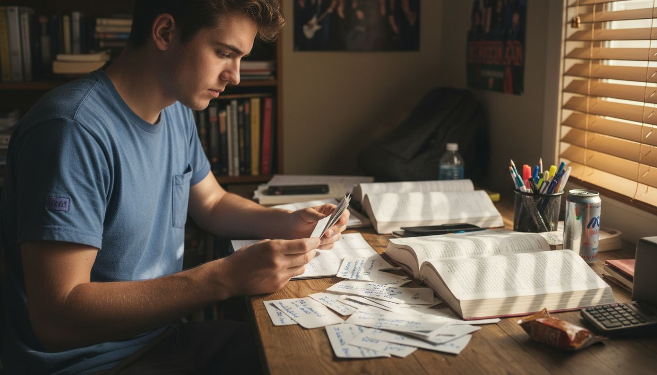 Teen using flashcards at cluttered desk