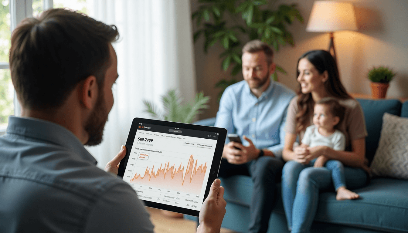 Agent uses AI-powered tablet for property valuation with clients in living room