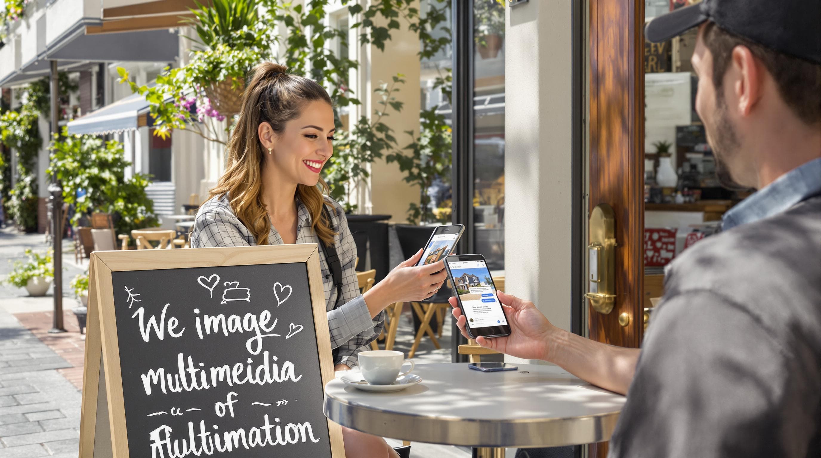 Real estate agent shares property image via text, 'Image Engagement' on café chalkboard