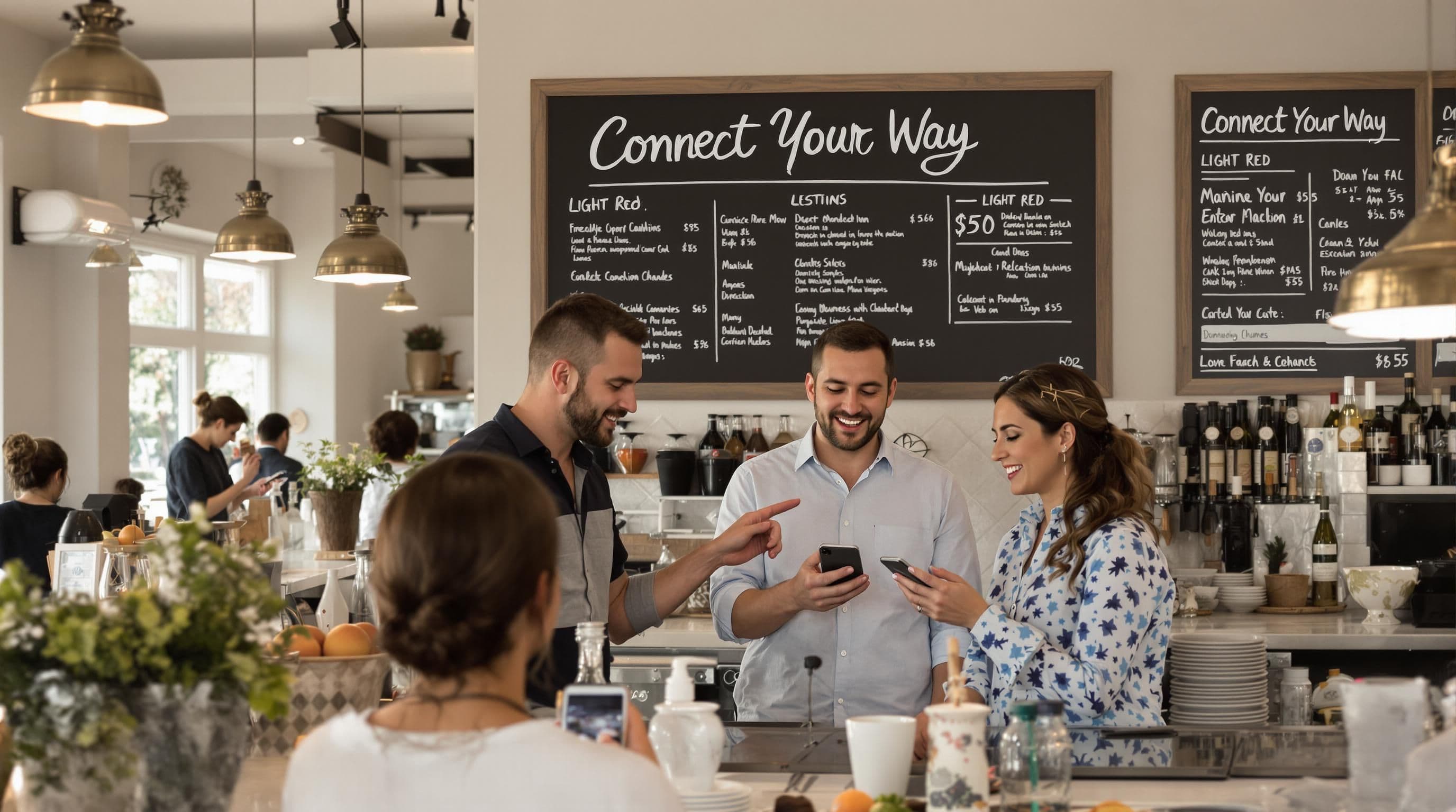 Real estate agent and clients using tablets and phones for communication in a modern cafe
