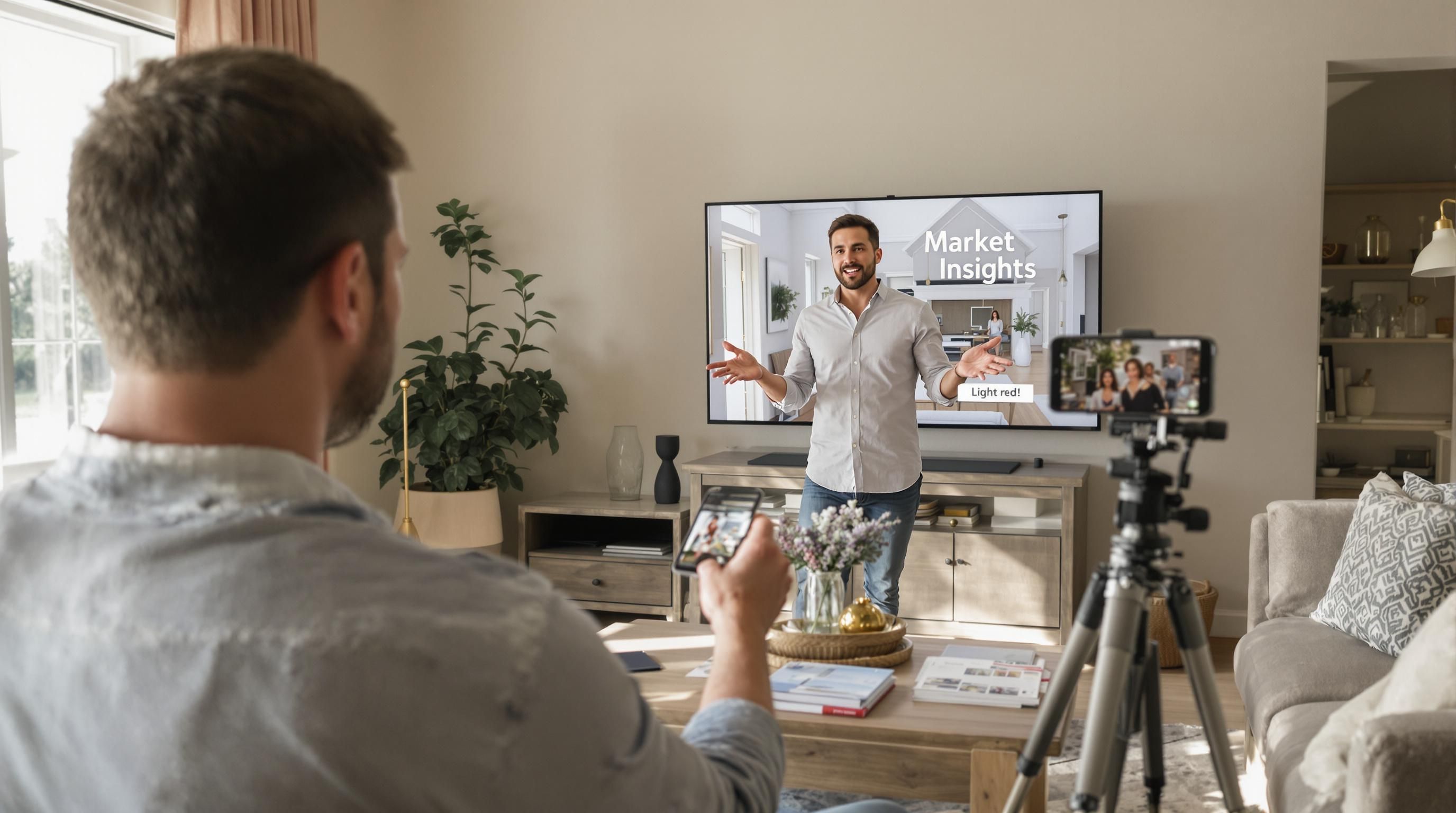Real estate agent filming video tour, 'Market Insights' on TV screen