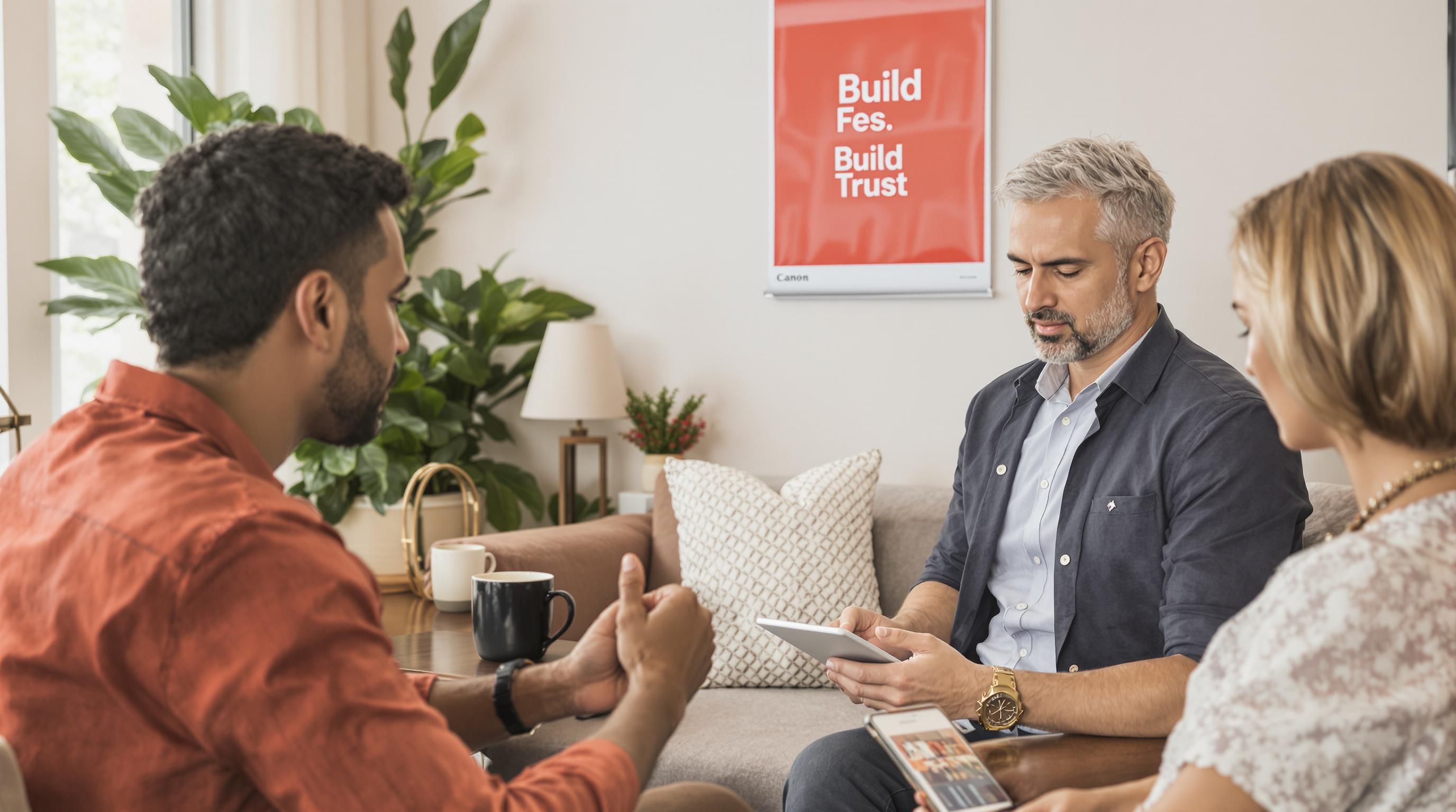 Real estate agent and client discuss trust in home setting with build trust poster