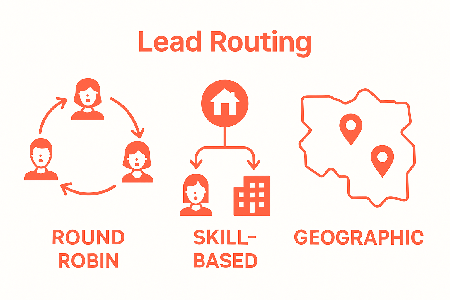 Visual comparison of lead routing methods: round robin, skill-based, geographic.