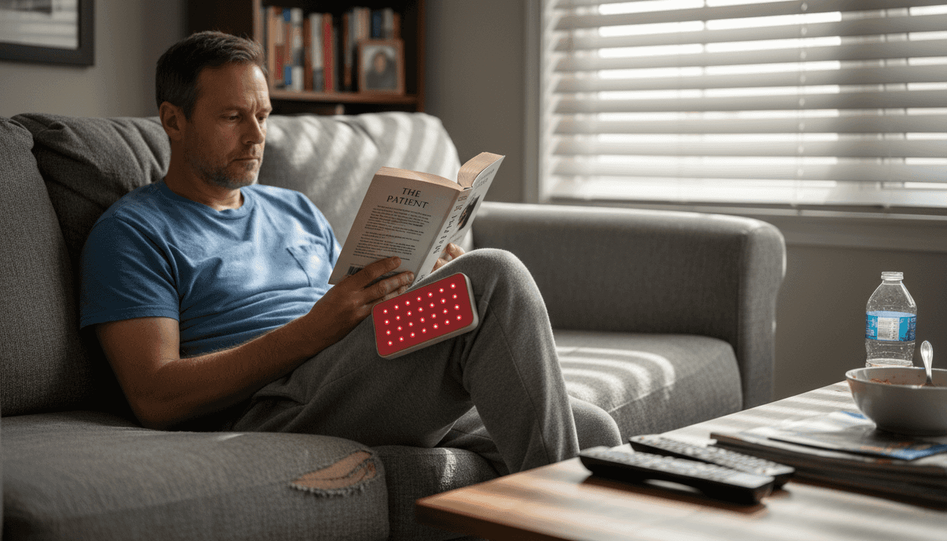Man using near-infrared device on knee